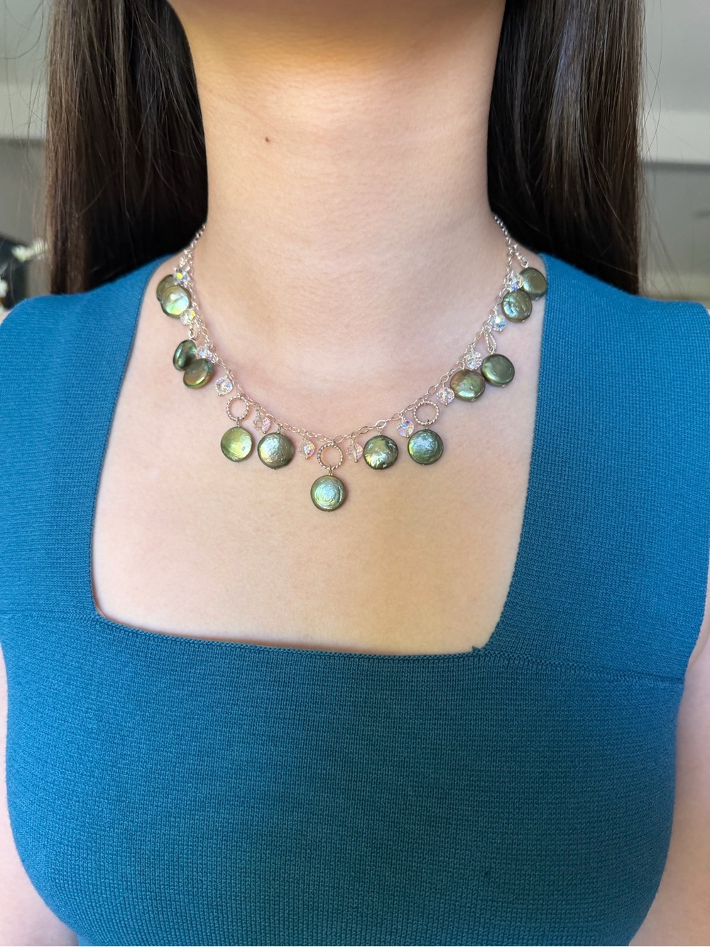 Sterling Silver Necklace with Green Iridescent Freshwater Coin Pearls & Crystal